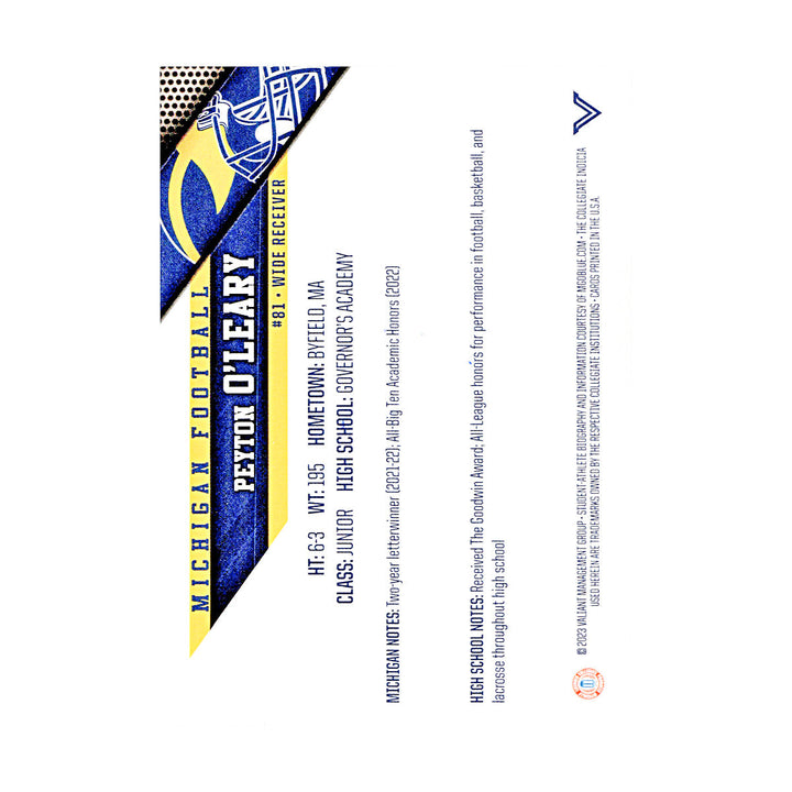 Peyton O'Leary Michigan Wolverines Autographed Signed 2023 Valiant Trading Card (CX Champions Circle LOA)