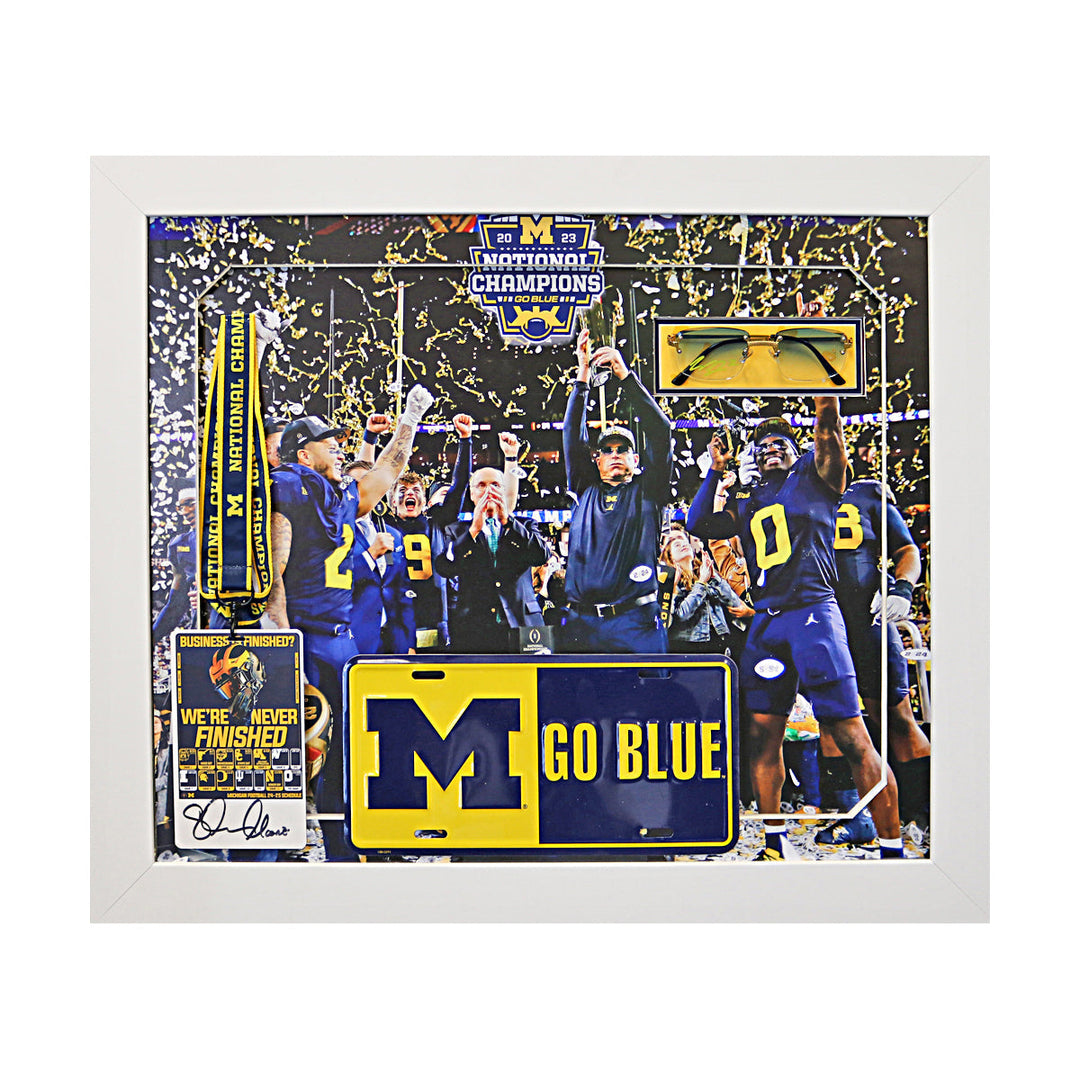 Sherrone Moore & Will Johnson Michigan Wolverines 2023 National Champions Dual Autographed Signed Credentials, Sunglasses, License Plate 20" x 24" Framed Collage