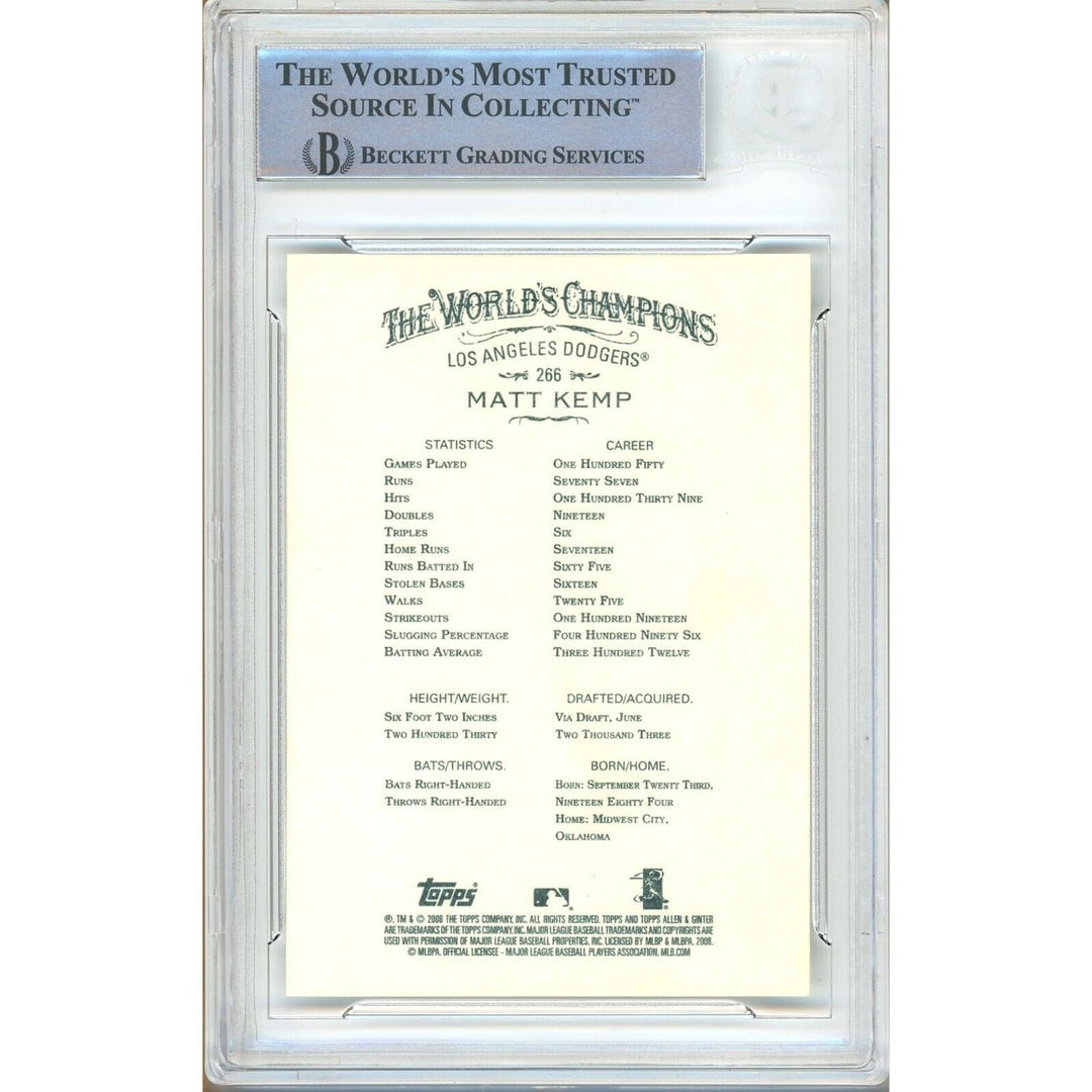Matt Kemp LA Dodgers Signed 2008 Topps Allen and Ginter Card Beckett Auth Auto Slab