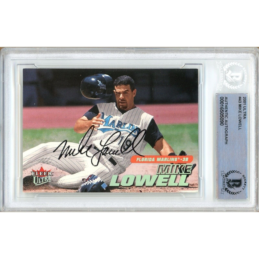 Mike Lowell Miami Marlins Signed 2001 Fleer Ultra Baseball Card Beckett Auth Auto Slab
