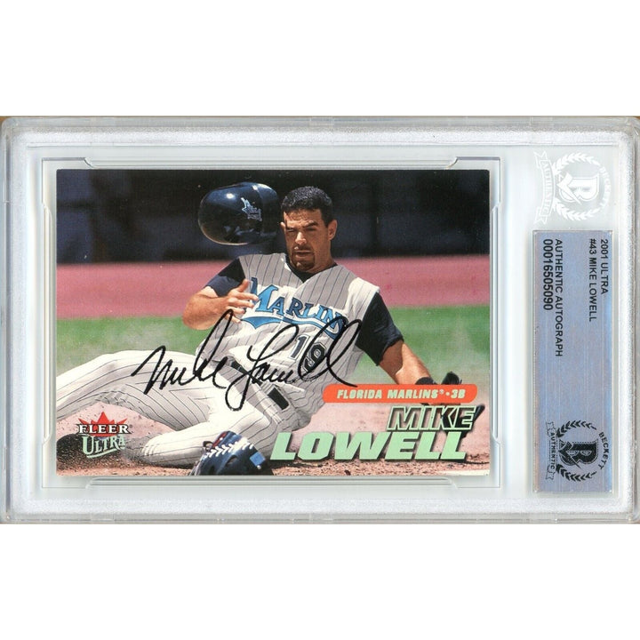 Mike Lowell Miami Marlins Signed 2001 Fleer Ultra Baseball Card Beckett Auth Auto Slab