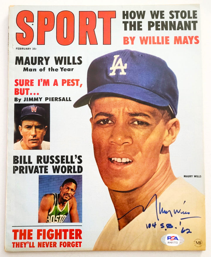 Maury Wills Los Angeles Dodgers Signed and Inscribed 104 S.B.'62 February 1963 Sport Magazine Cover (Full Magazine) (PSA)