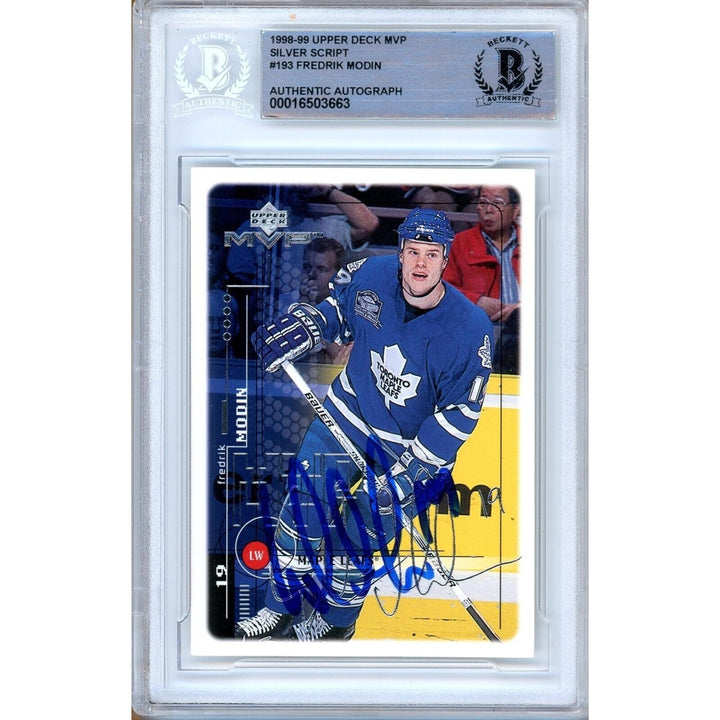 Fredrik Modin Toronto Maple Leafs Signed 1998-99 Upper Deck MVP Card Beckett Auth Auto