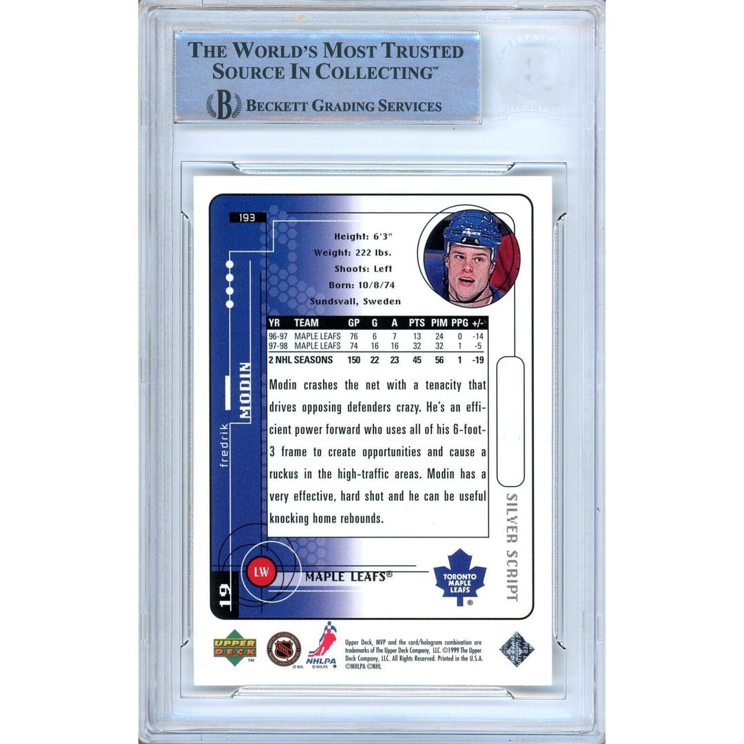 Fredrik Modin Toronto Maple Leafs Signed 1998-99 Upper Deck MVP Card Beckett Auth Auto