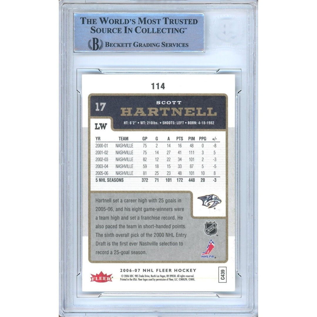 Hockey- Autographed- Scott Hartnell Nashville Predators Signed 2006-07 Fleer Trading Card Beckett Authentic Auto Slab Back