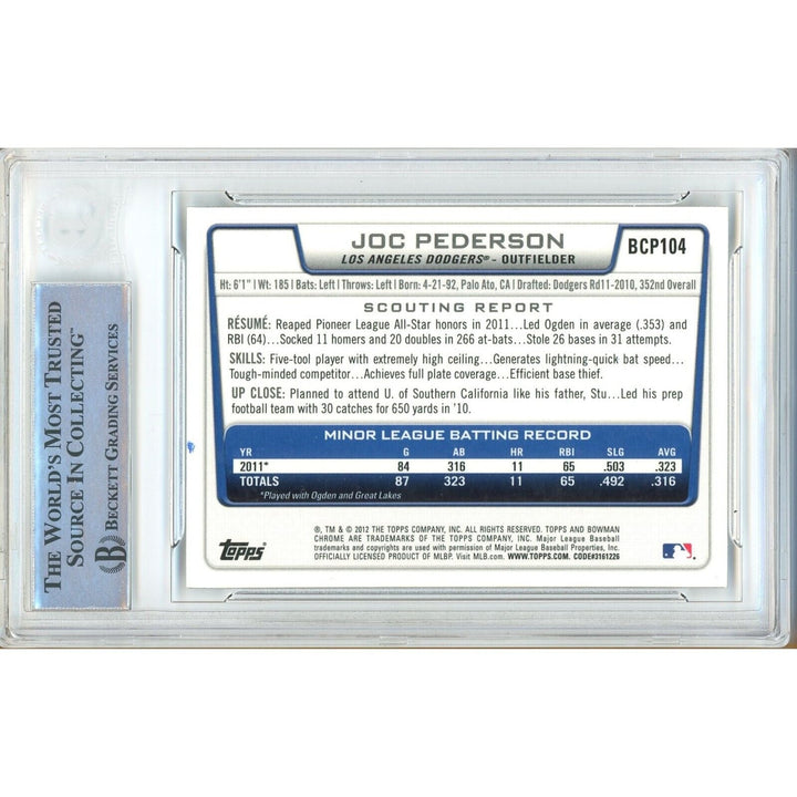 Joc Pederson LA Dodgers Signed 2012 Bowman Chrome Prospects RC BAS Auth Auto Slab
