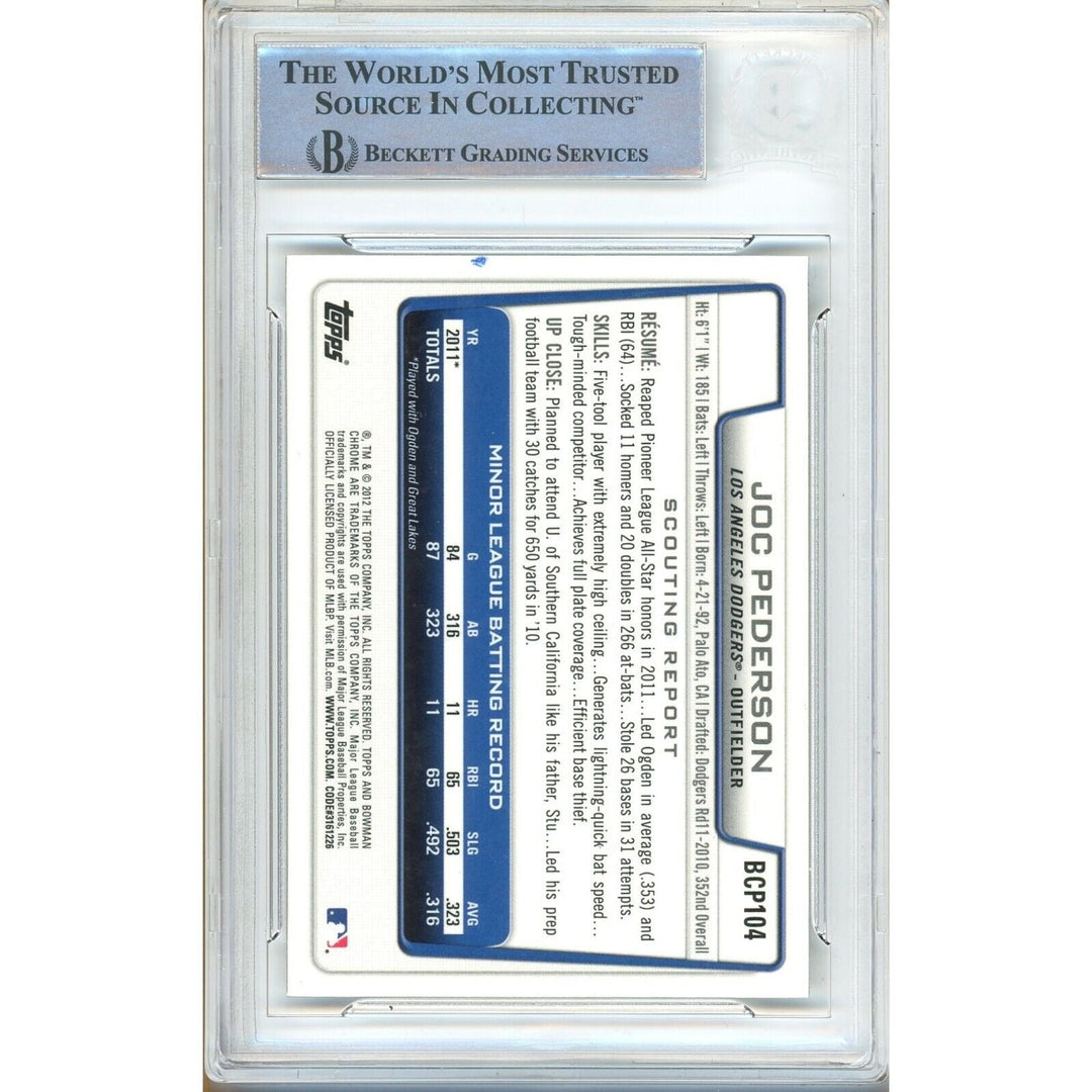 Joc Pederson LA Dodgers Signed 2012 Bowman Chrome Prospects RC BAS Auth Auto Slab