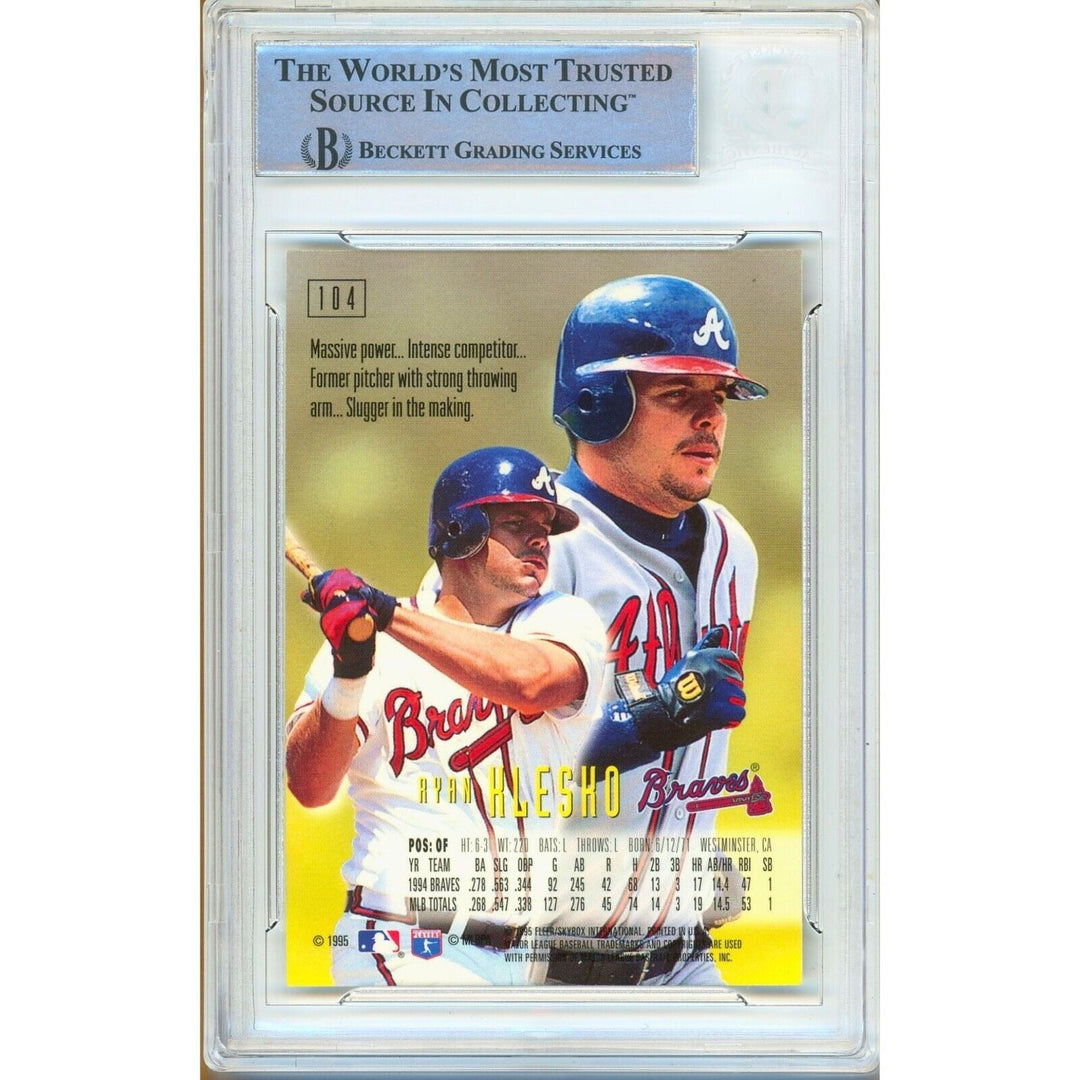 Baseballs- Autographed- Ryan Klesko Atlanta Braves Signed 1995 Skybox Emotion Trading Card Beckett Authentic Auto Slab Back