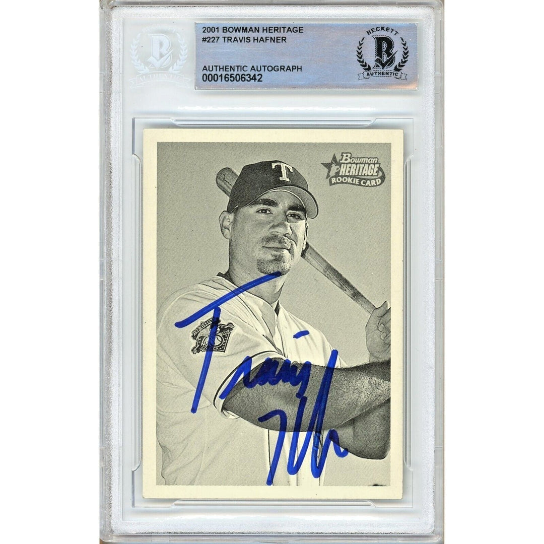 Baseballs- Autographed- Travis Hafner Texas Rangers Signed 2001 Bowman Heritage Rookie Trading Card Beckett Authentic Auto Slab Front