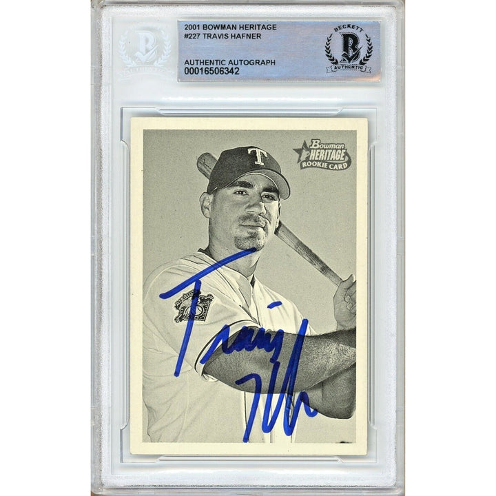 Baseballs- Autographed- Travis Hafner Texas Rangers Signed 2001 Bowman Heritage Rookie Trading Card Beckett Authentic Auto Slab Front