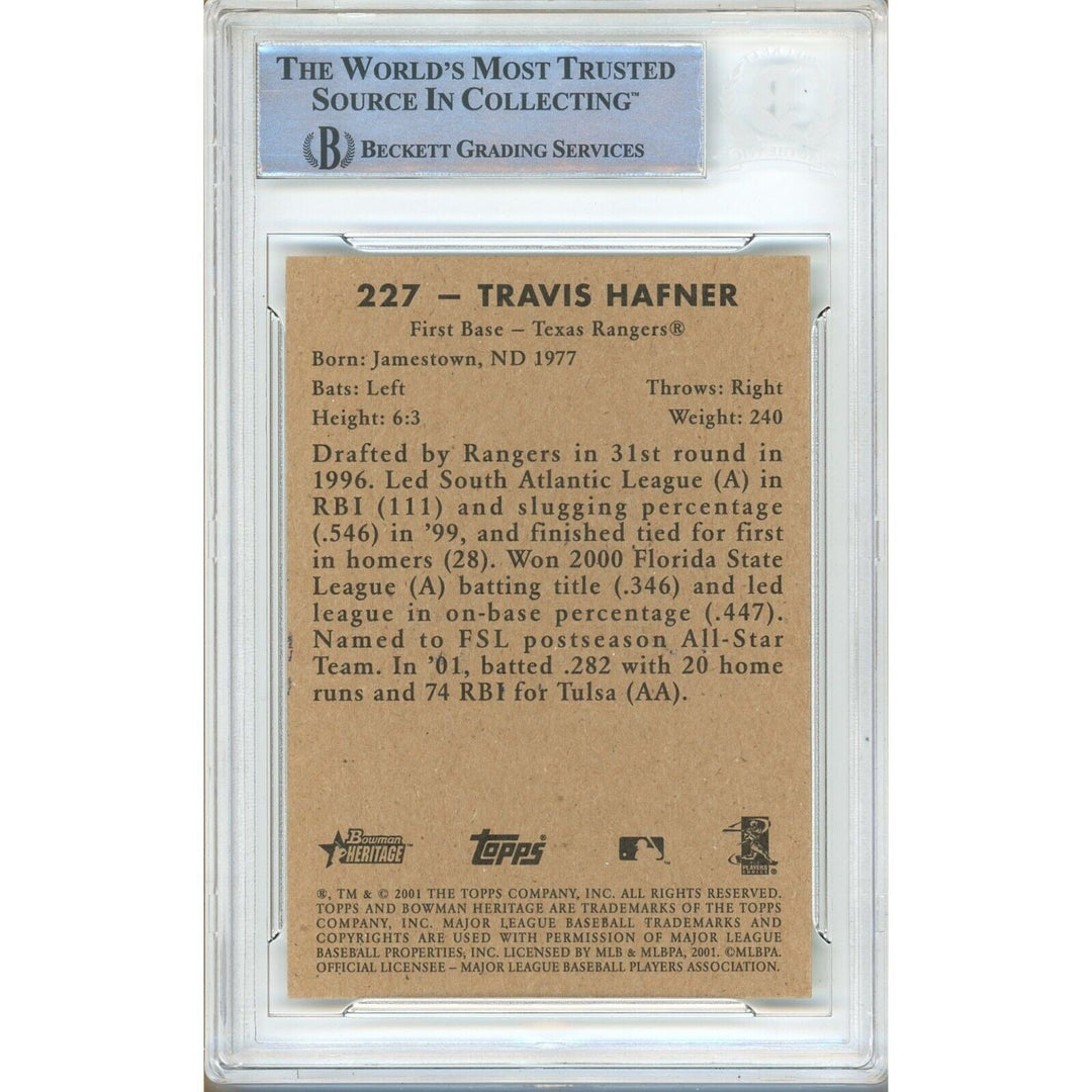 Baseballs- Autographed- Travis Hafner Texas Rangers Signed 2001 Bowman Heritage Rookie Trading Card Beckett Authentic Auto Slab Back