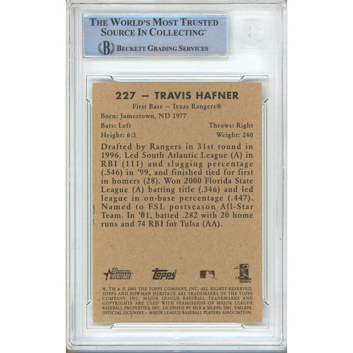 Baseballs- Autographed- Travis Hafner Texas Rangers Signed 2001 Bowman Heritage Rookie Trading Card Beckett Authentic Auto Slab Back