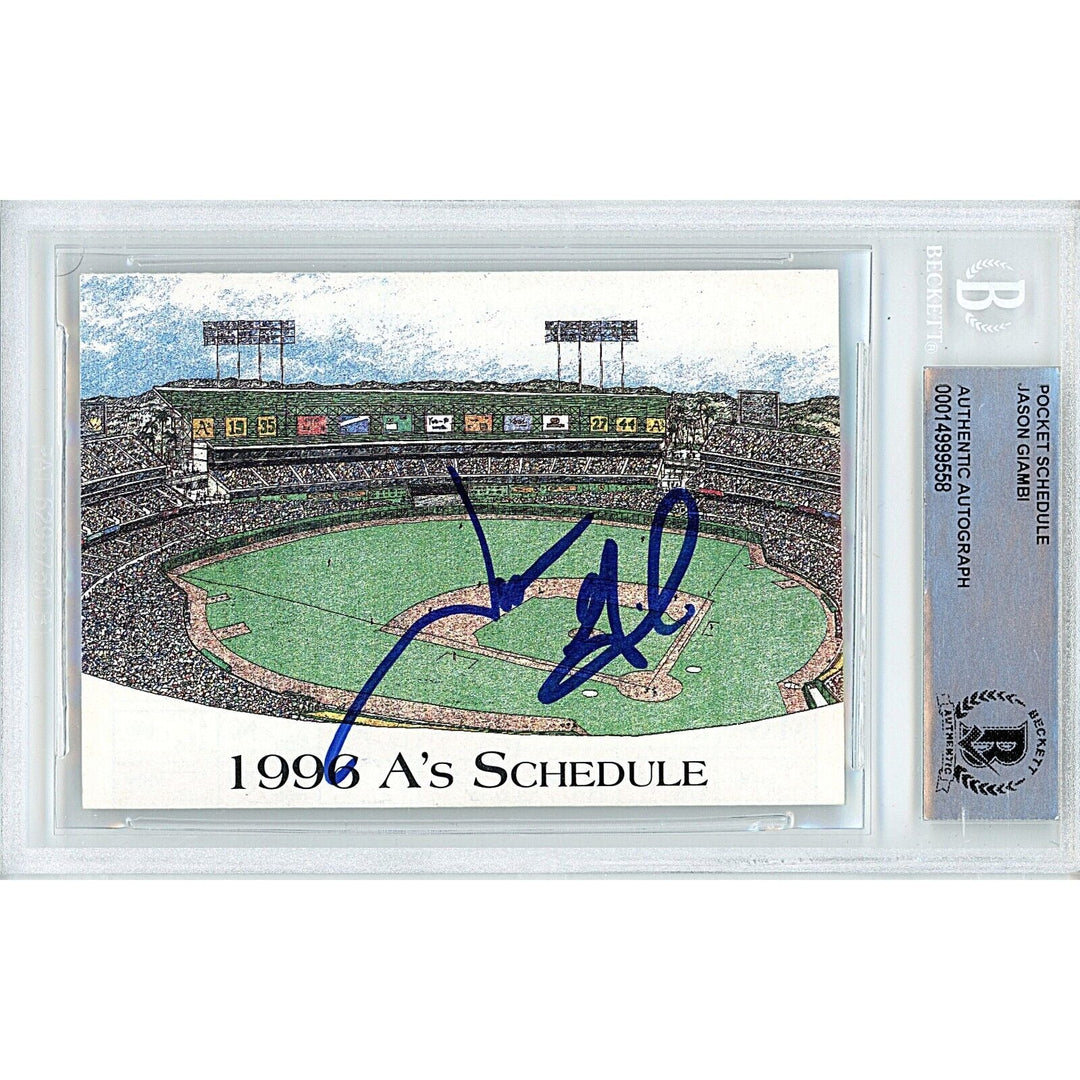 Jason Giambi Oakland Athletics Signed 1996 Baseball Season Schedule BAS Auth Auto Slab