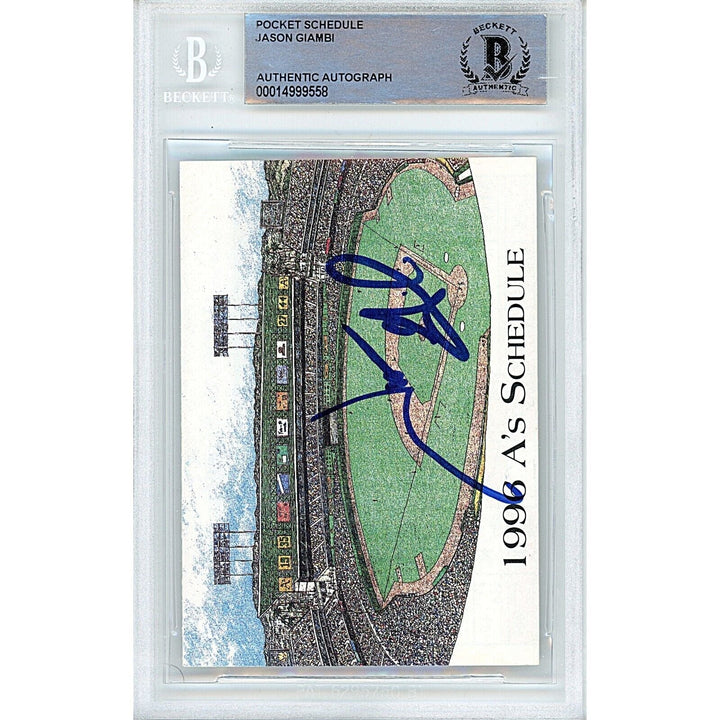 Jason Giambi Oakland Athletics Signed 1996 Baseball Season Schedule BAS Auth Auto Slab