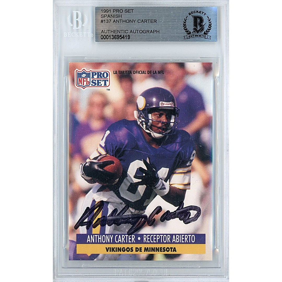 Anthony Carter Minnesota Vikings Signed 1991 NFL Pro Set Card Beckett Authentic Auto Slab