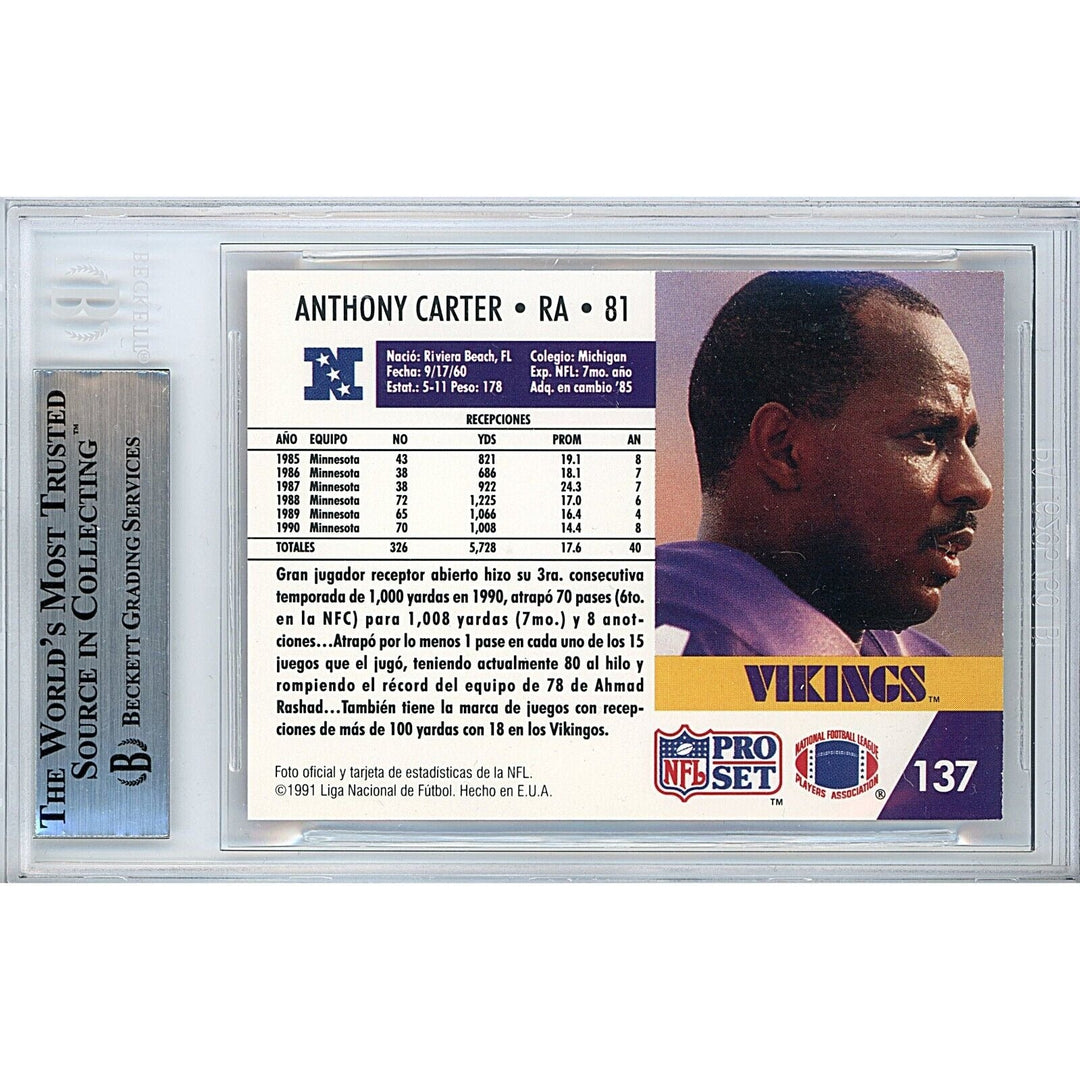 Anthony Carter Minnesota Vikings Signed 1991 NFL Pro Set Card Beckett Authentic Auto Slab