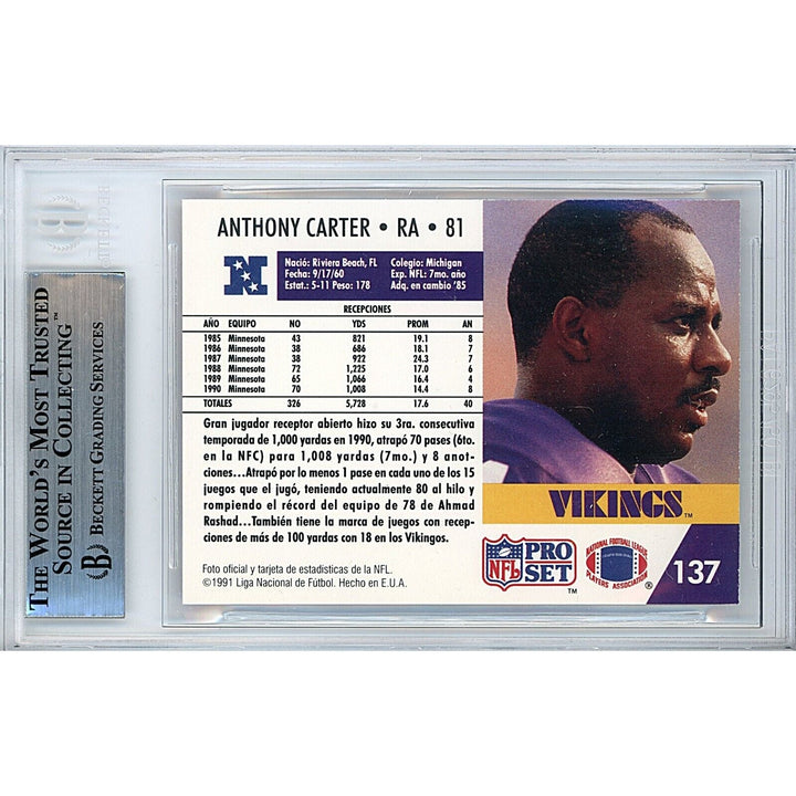 Anthony Carter Minnesota Vikings Signed 1991 NFL Pro Set Card Beckett Authentic Auto Slab