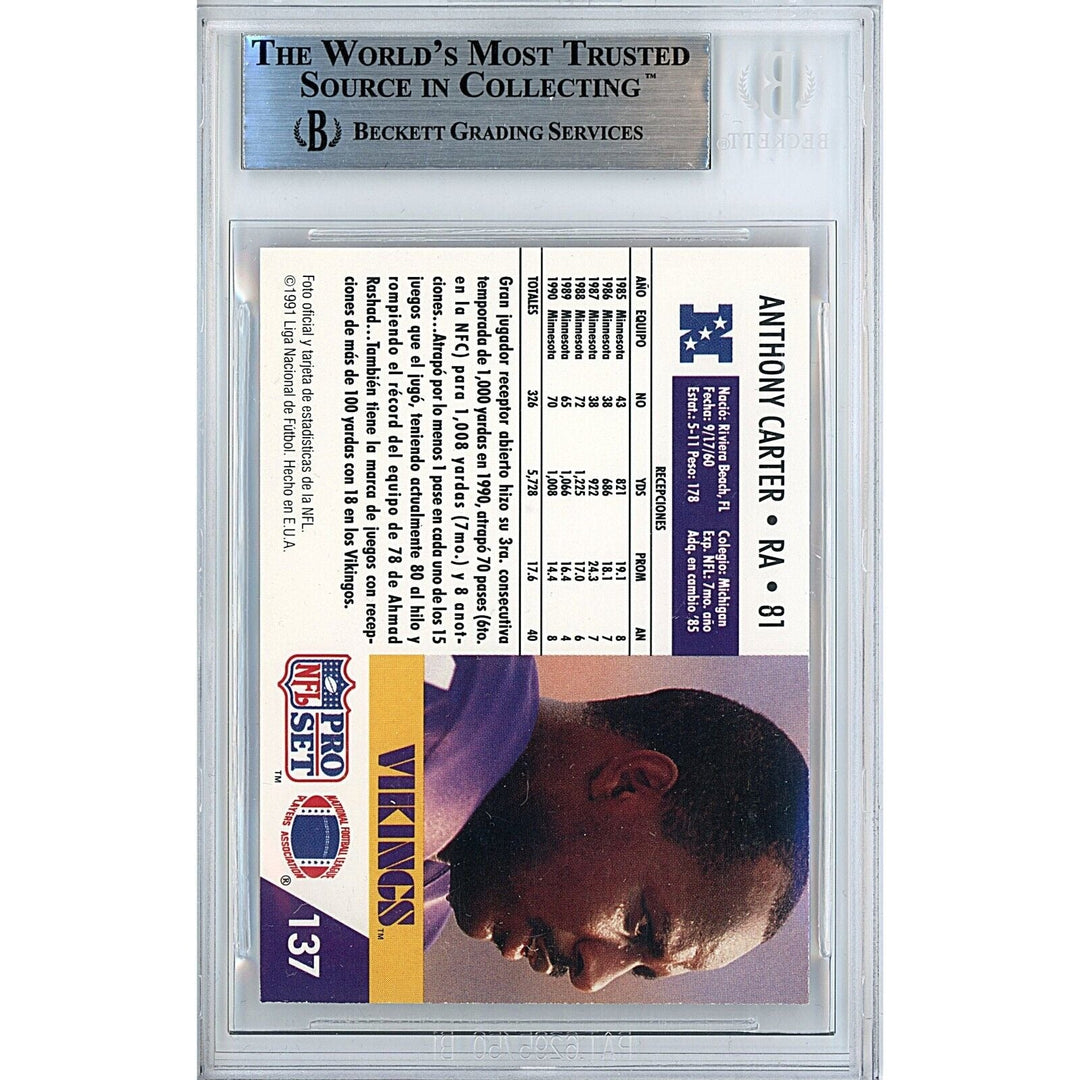 Anthony Carter Minnesota Vikings Signed 1991 NFL Pro Set Card Beckett Authentic Auto Slab