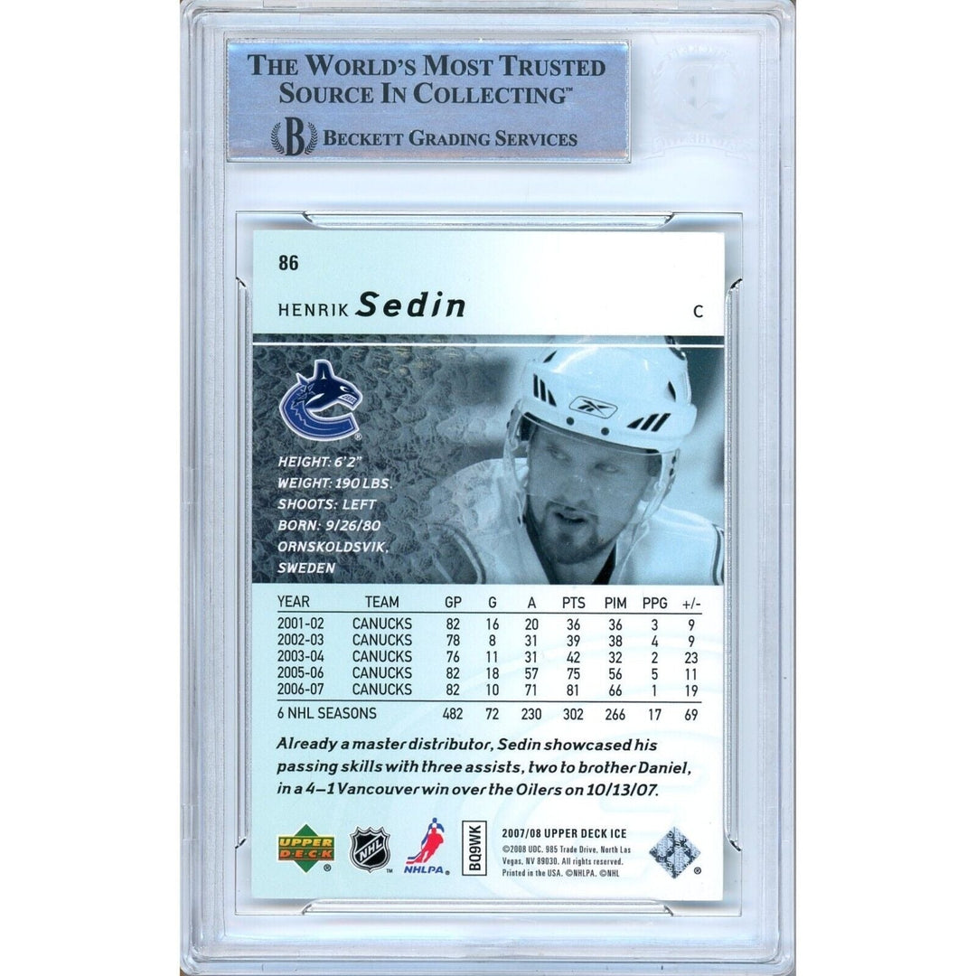 Henrik Sedin Vancouver Canucks Signed 2007-08 Upper Deck Ice Card Beckett Auth Auto