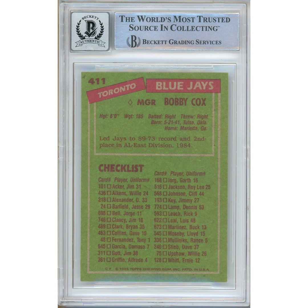 Bobby Cox Toronto Blue Jays Signed 1985 Topps Baseball Card BAS Auth BGS Auto 10 Slab