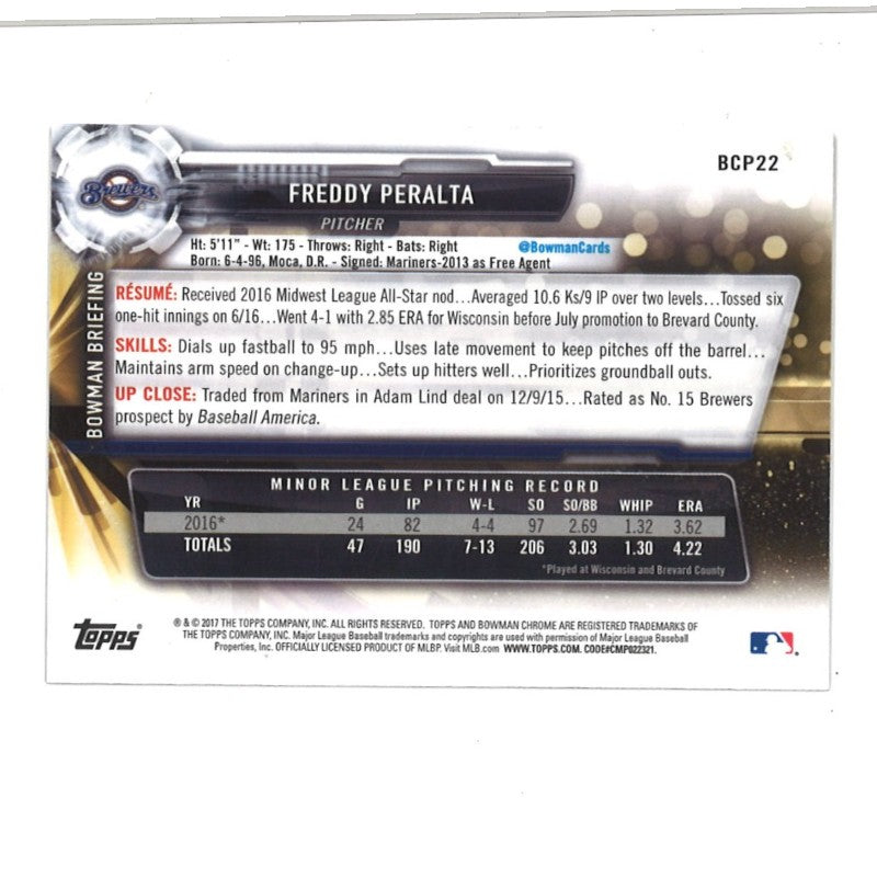 Freddy Peralta Milwaukee Brewers Autographed 1st Bowman #BCP22 Trading Card CX Auth