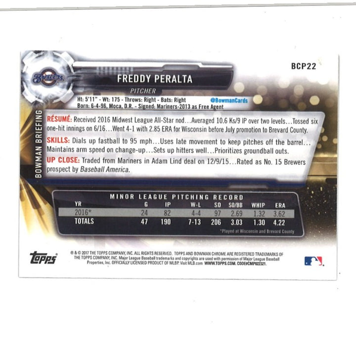 Freddy Peralta Milwaukee Brewers Autographed 1st Bowman #BCP22 Trading Card CX Auth
