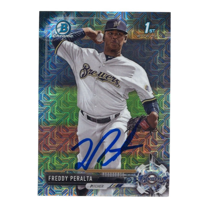 Freddy Peralta Milwaukee Brewers Autographed 1st Bowman #BCP22 Mojo Refractor Card CX Auth