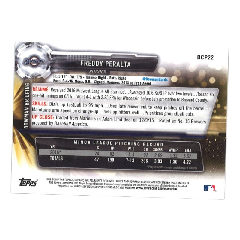 Freddy Peralta Milwaukee Brewers Autographed 1st Bowman #BCP22 Mojo Refractor Card CX Auth