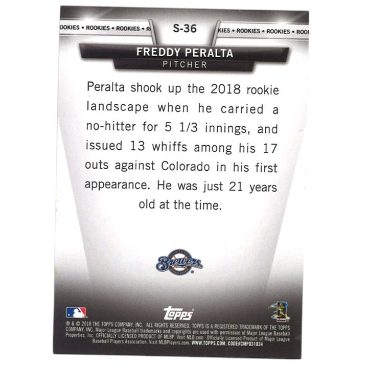 Freddy Peralta Milwaukee Brewers Autographed 2018 Topps Update Salute RC #S-36 Card CX Auth