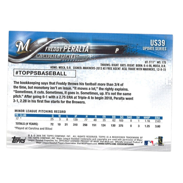 Freddy Peralta Milwaukee Brewers Autographed 2018 Topps Update RC #US39 Card CX Auth