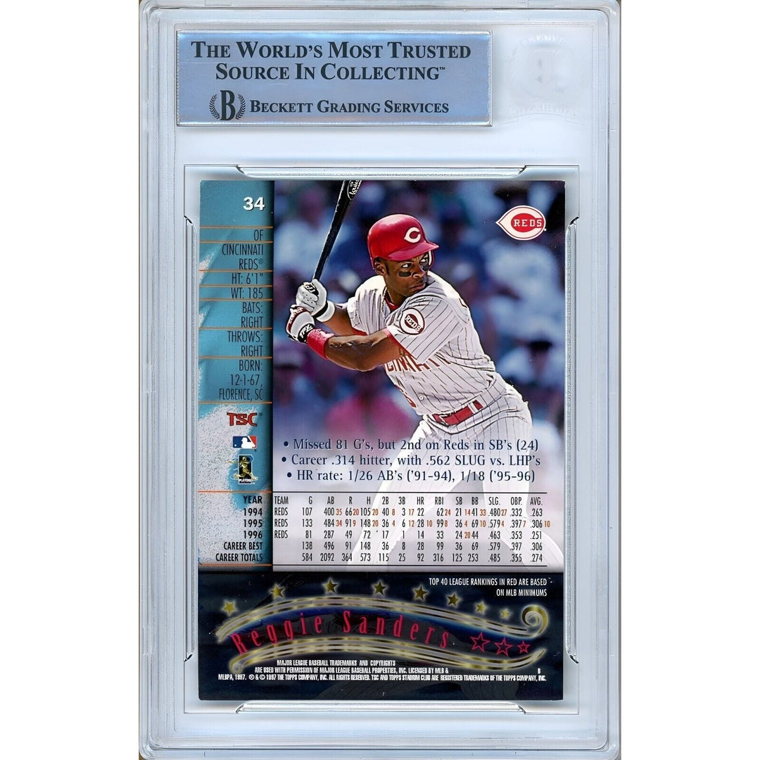 Baseballs- Autographed- Reggie Sanders Cincinnati Reds Signed 1997 Topps Stadium Club Trading Card Beckett Authentic Auto Slab Back