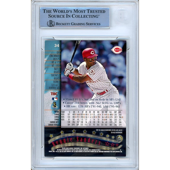 Baseballs- Autographed- Reggie Sanders Cincinnati Reds Signed 1997 Topps Stadium Club Trading Card Beckett Authentic Auto Slab Back