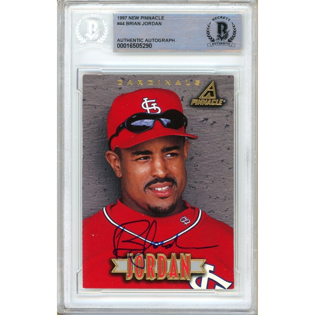 Brian Jordan St Louis Cardinals Signed 1997 New Pinnacle Card Beckett Authentic Auto Slab