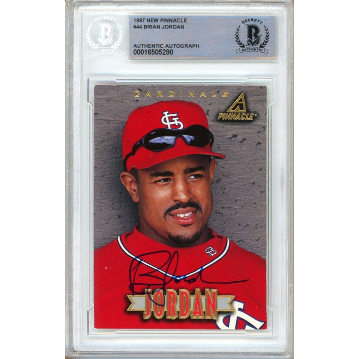 Brian Jordan St Louis Cardinals Signed 1997 New Pinnacle Card Beckett Authentic Auto Slab