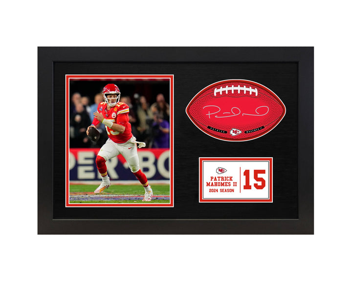 Patrick Mahomes II Kansas City Chiefs Signable With Players Facsimile Signature and Photo Display in a 15H x 22W x 0.75D High Quality Black Frame