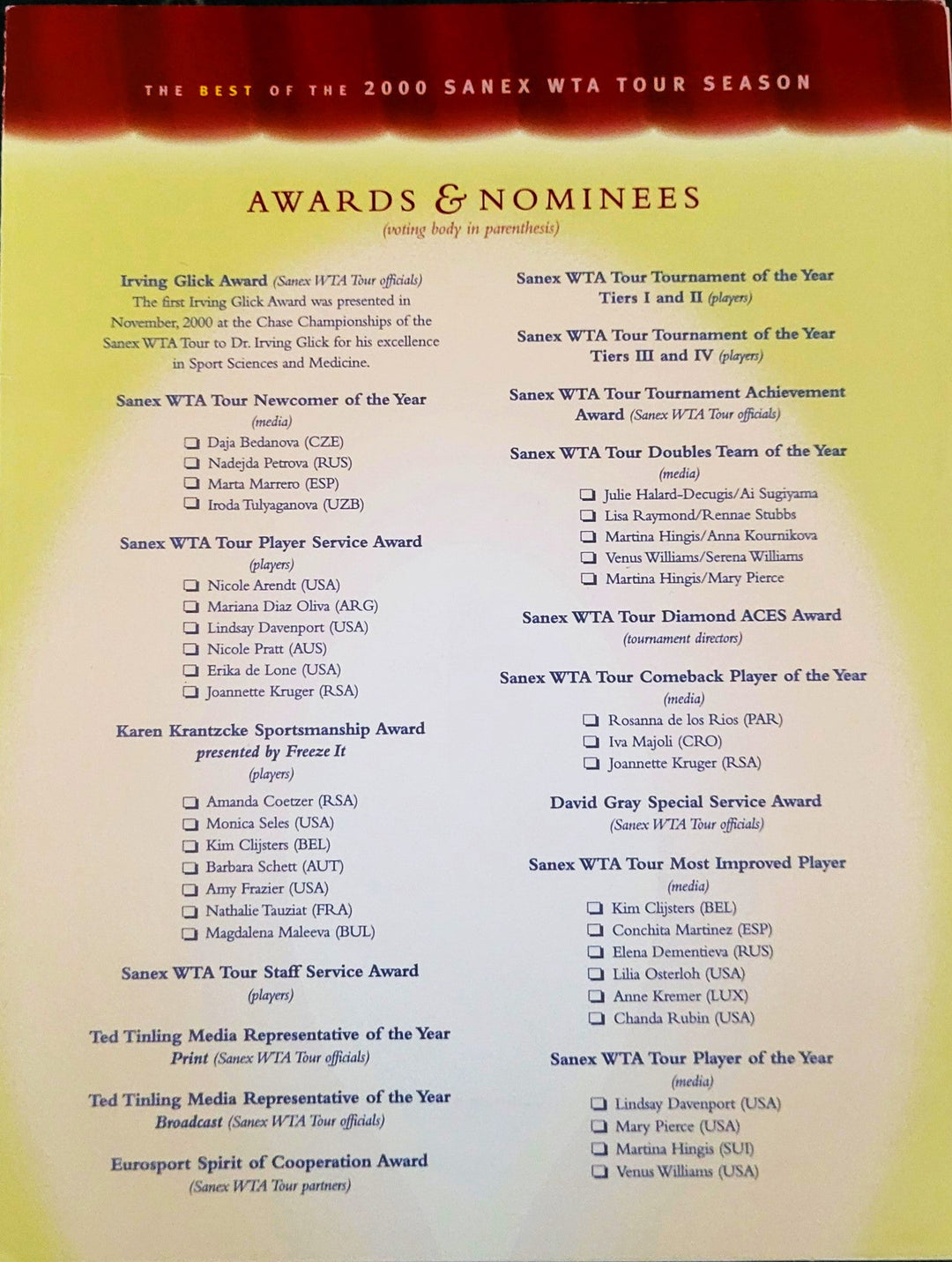 Paul Sorvino Legendary Actor (Goodfellas Movie) Signed 2000 Sanex WTA Tour Awards Show Four (40 Page Program (Beckett)