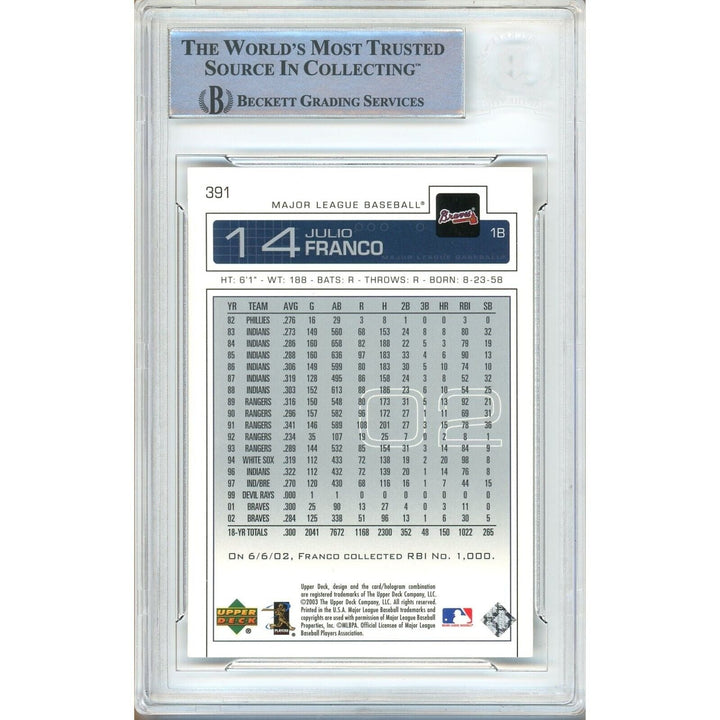 Julio Franco Atlanta Braves Signed 2003 Upper Deck Baseball Card Beckett Auth Auto Slab