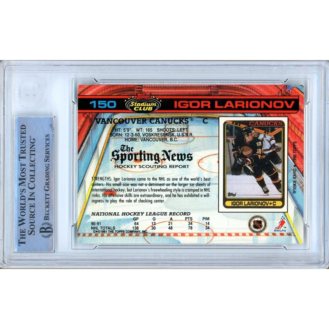 Igor Larionov Vancouver Canucks Signed 1991-92 Stadium Club Card BAS Auth Auto Slab