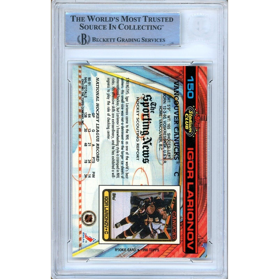 Igor Larionov Vancouver Canucks Signed 1991-92 Stadium Club Card BAS Auth Auto Slab