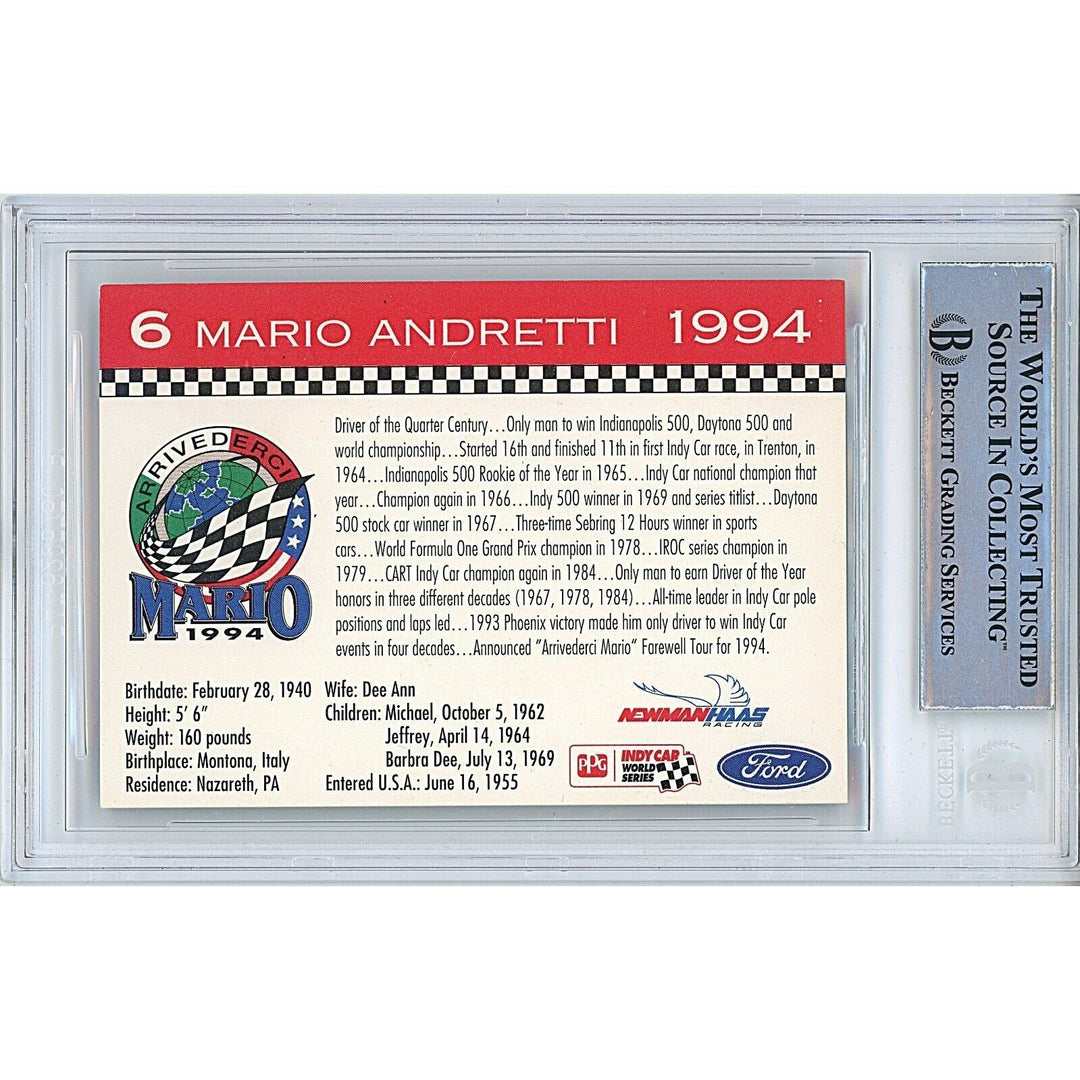 Mario Andretti Signed 1994 Kmart  F1 Auto Racing Trading Card Beckett Authentic Auto Slab
