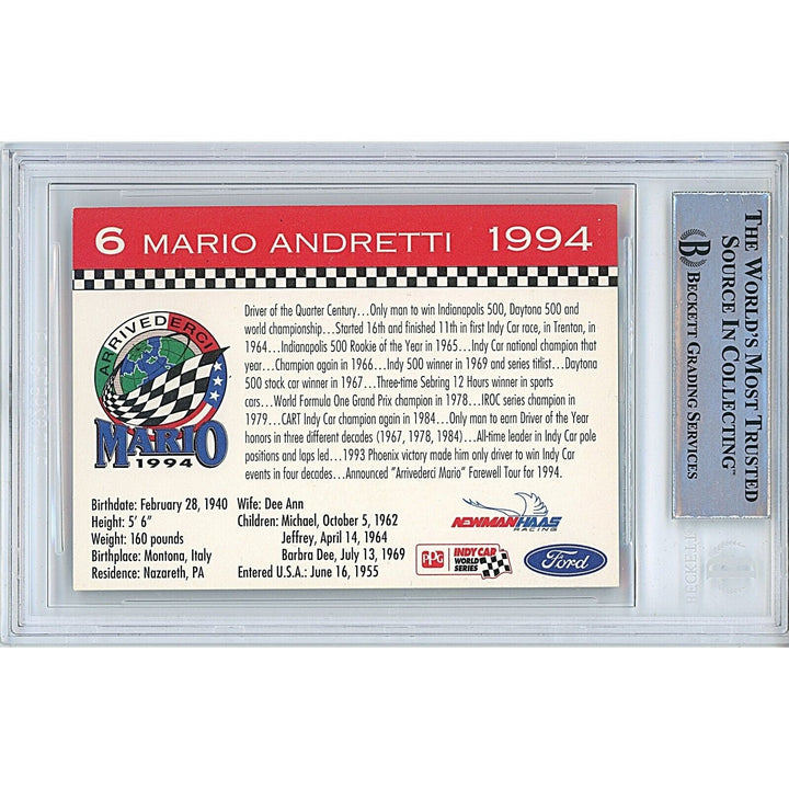 Mario Andretti Signed 1994 Kmart  F1 Auto Racing Trading Card Beckett Authentic Auto Slab
