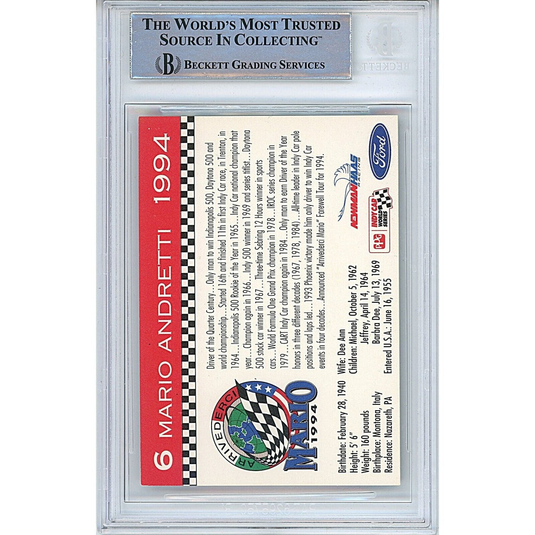 Mario Andretti Signed 1994 Kmart  F1 Auto Racing Trading Card Beckett Authentic Auto Slab