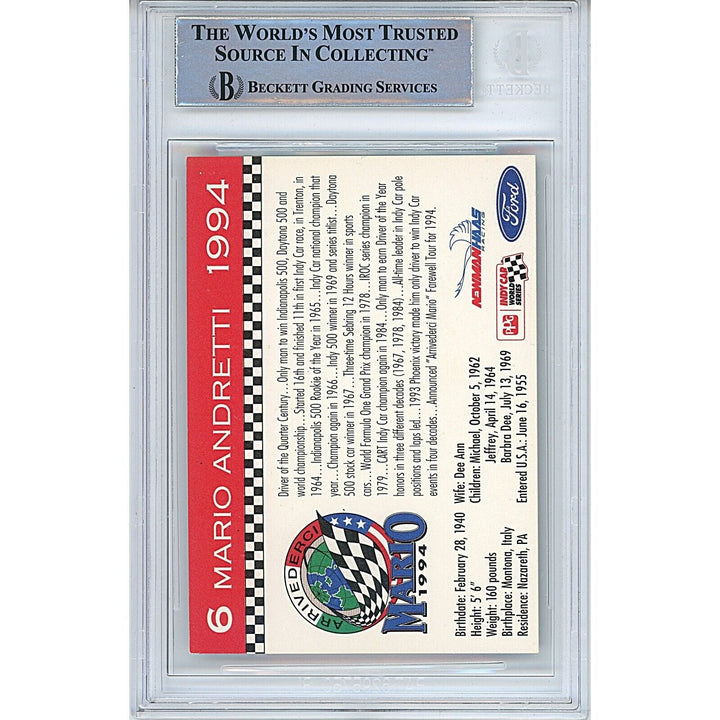 Mario Andretti Signed 1994 Kmart  F1 Auto Racing Trading Card Beckett Authentic Auto Slab