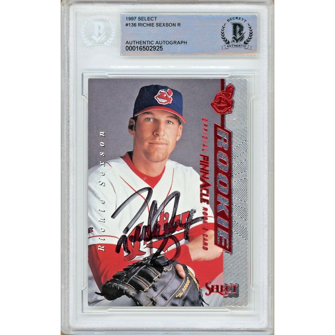 Baseballs- Autographed- Richie Sexson Cleveland Guardians Signed 1997 Pinnacle Select Rookie Trading Card Beckett Authentic Auto Slab Front