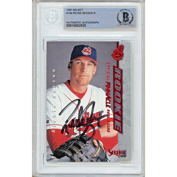 Baseballs- Autographed- Richie Sexson Cleveland Guardians Signed 1997 Pinnacle Select Rookie Trading Card Beckett Authentic Auto Slab Front