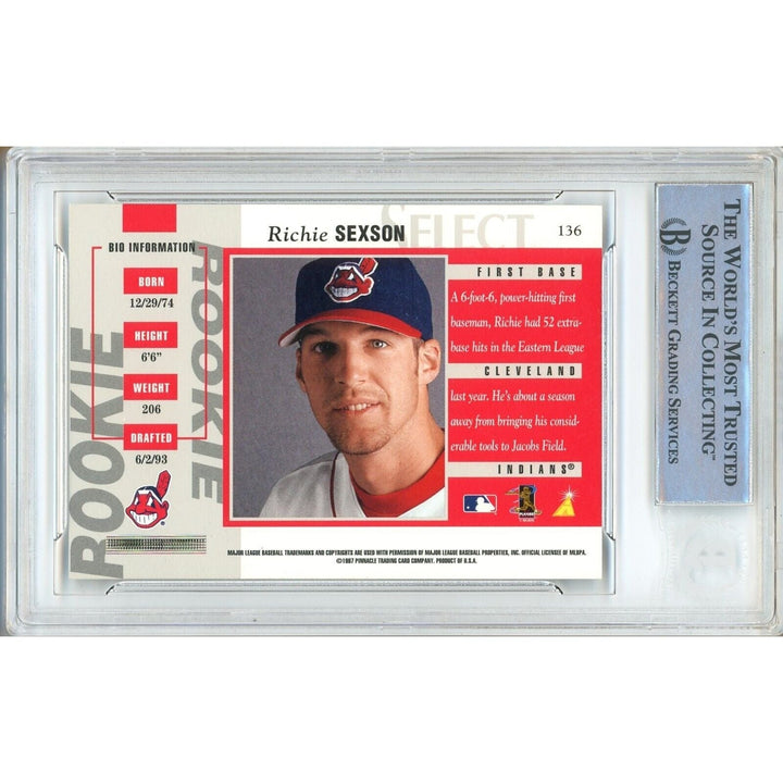 Baseballs- Autographed- Richie Sexson Cleveland Guardians Signed 1997 Pinnacle Select Rookie Trading Card Beckett Authentic Auto Slab Back
