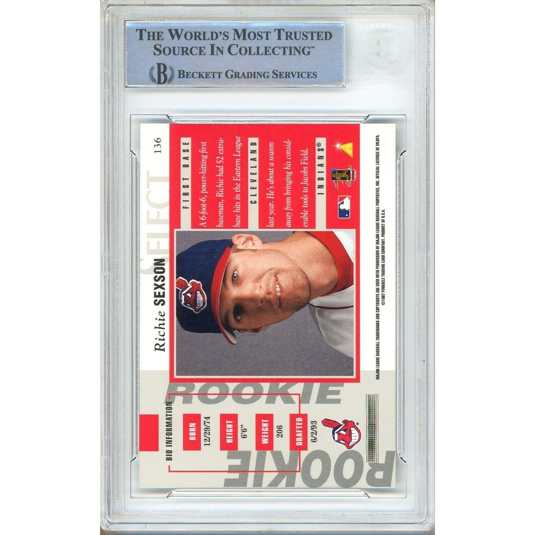 Baseballs- Autographed- Richie Sexson Cleveland Indians Signed 1997 Pinnacle Select Rookie Trading Card Beckett Authentic Auto Slab Back