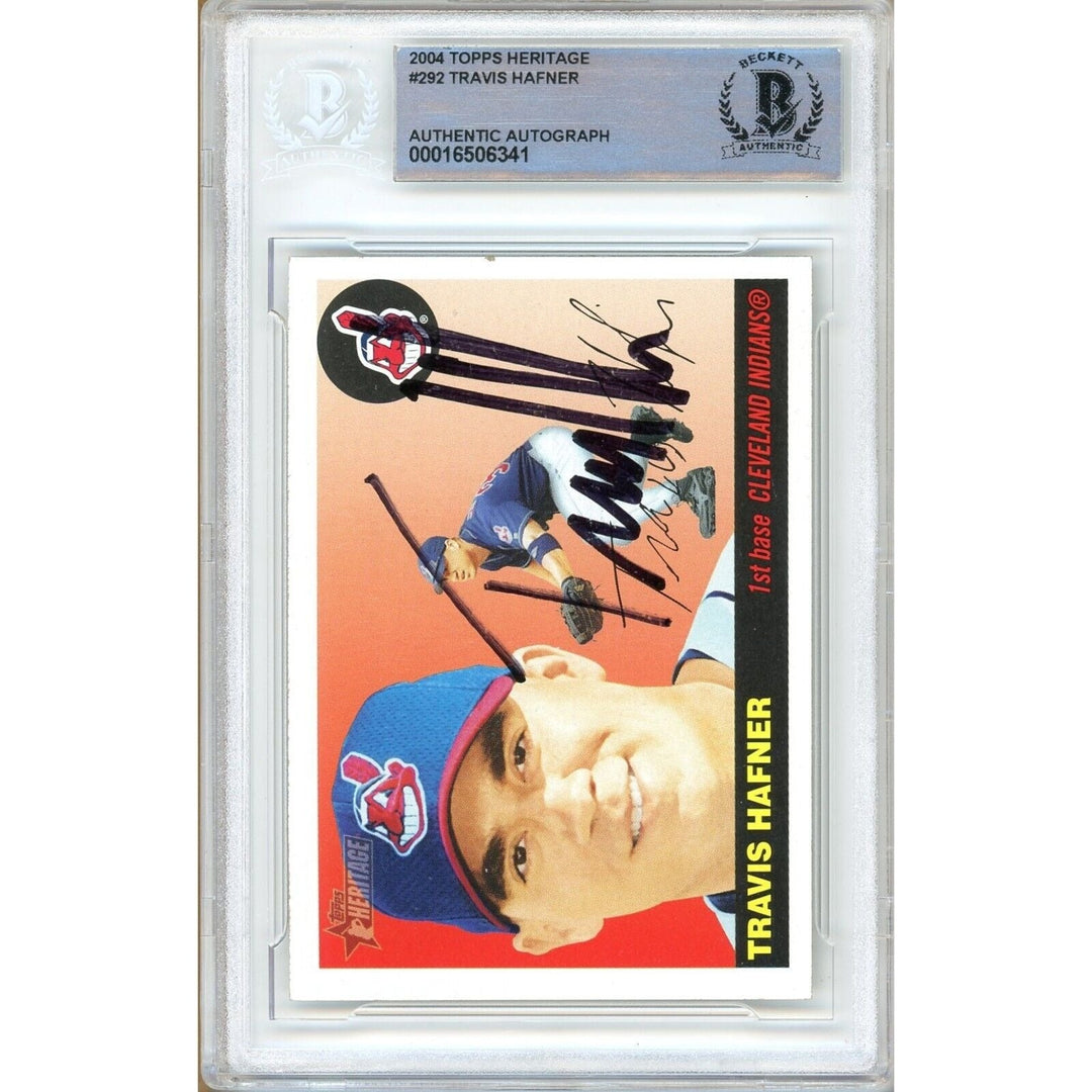 Baseballs- Autographed- Travis Hafner Cleveland Guardians Signed 2004 Topps Heritage Trading Card Beckett Authentic Auto Slab Front