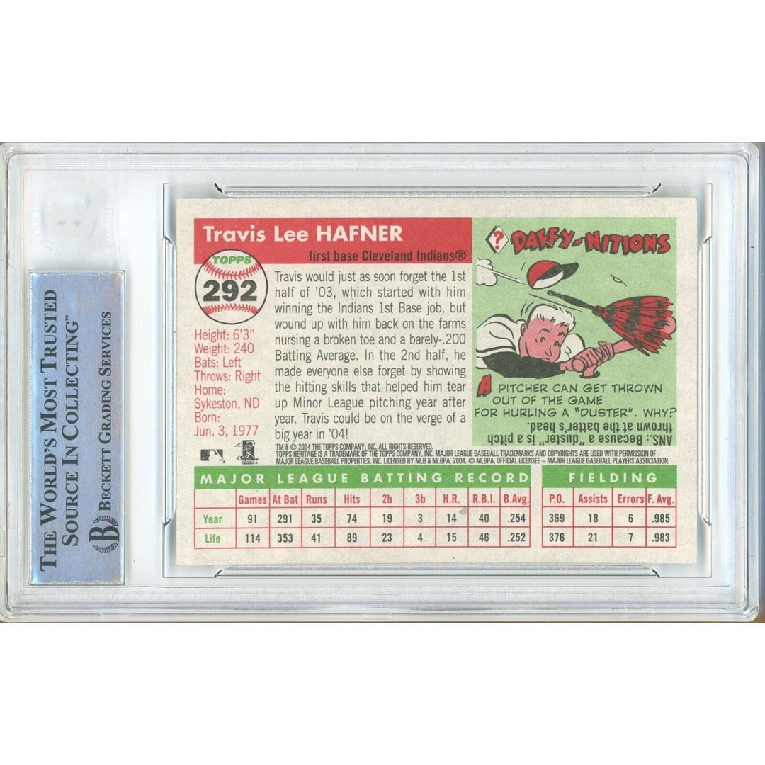 Baseballs- Autographed- Travis Hafner Cleveland Indians Signed 2004 Topps Heritage Trading Card Beckett Authentic Auto Slab Back