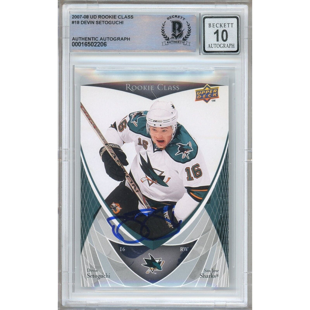 Devin Setoguchi San Jose Sharks Signed 2007-08 Upper Deck Rookie Class Card BGS Auto 10